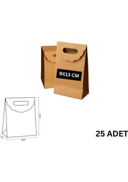El Geçme Kraft Çanta, Hediye, Alışveriş, Butik, Parti ve Paketleme Çantası, 9X13 Cm, 25 Adet
