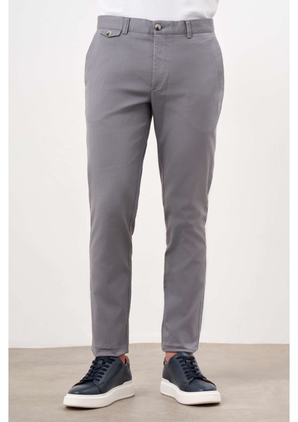 Erkek Gri Yazlık Pamuk Yan Cep Slim Fit Chino Pantolon