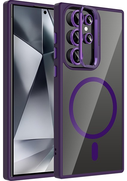 Galaxy Uyumlu S24 Ultra Kılıf Standlı ve Kamera Lens Hediyeli M-Safe Şarj Özellikli Zore Etro Kapak-Derin Mor