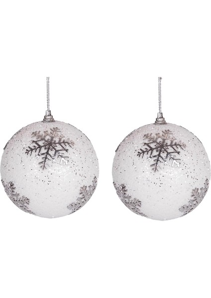 Yılbaşı Topu Beyaz Simli Kar Tanesi Figürlü 2'li Paket Gümüş 9 Cm.