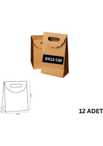 El Geçme Kraft Çanta, Hediye, Alışveriş, Butik, Parti ve Paketleme Çantası, 9X13 Cm, 12 Adet