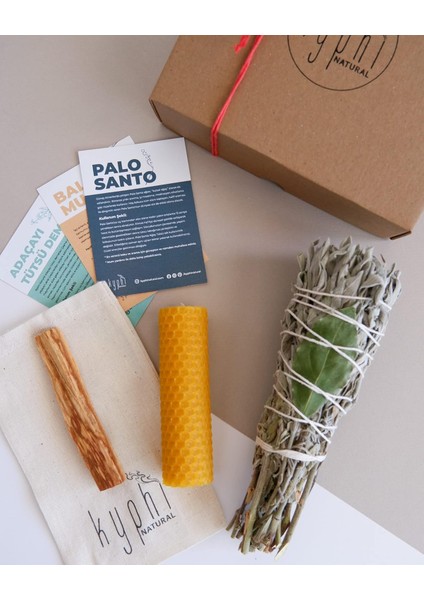Natural Enerji Başlangıç Seti: Palo Santo Tütsü, Balmumu Mum, Adaçayı Tütsü Demeti
