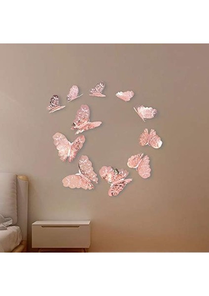 Ev Dekorasyon 3D Metalik Bakır Renk Oyma Pvc Kelebek 12 Li Süsleme Model Q3 modelleri