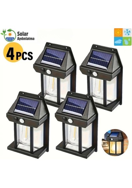 HB-700 Model 4'lü Paket Dekoratif Güneş Enerjili Bahçe LED Ampül Hareket Sensörlü Bahçe LED Su Geçirmez 3 Mod'lu Solar Duvar LED