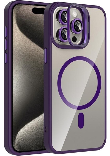 iPhone Uyumlu 15 Pro Kılıf Standlı ve Kamera Lens Hediyeli M-Safe Şarj Özellikli Zore Etro Kapak-Derin Mor