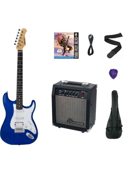 ST-20HHSSB-BL Elektro Gitar-Metalik Mavi Set(Anfi-Softcase-Askı-Tel-Kablo-Pena)