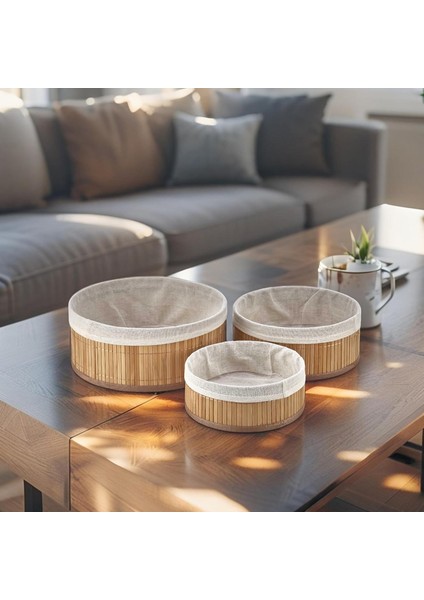 Bambu Çok Amaçlı Saklama Kutusu 3'lü Set, Düzenleyici Derin Boy Organizer, Dekoratif Bambu Düzenleyici 3 Boy Doğal Renk (Yuvarlak)