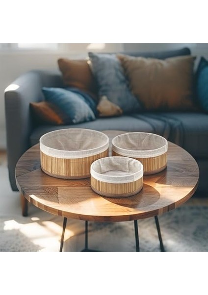 Bambu Çok Amaçlı Saklama Kutusu 3'lü Set, Düzenleyici Derin Boy Organizer, Dekoratif Bambu Düzenleyici 3 Boy Doğal Renk (Yuvarlak) modelleri