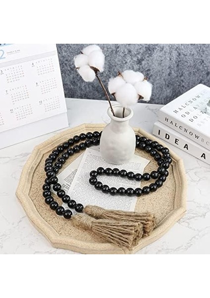 Spring Çiftlik Tarzı Boncuklar Ahşap Boncuklu Püsküllü Garland, Rustik Ülke Dekoru, Dua Boncukları, Boho Duvar Dekorasyonu, 148 Cm, Siyah modelleri