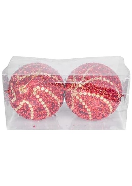 Yılbaşı Topu Gold Şeritli Kırmızı Boncuk Pullu Detaylı 2'li Paket Kırmızı 9 Cm. fiyatları