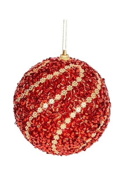 Yılbaşı Topu Gold Şeritli Kırmızı Boncuk Pullu Detaylı 2'li Paket Kırmızı 9 Cm. modelleri