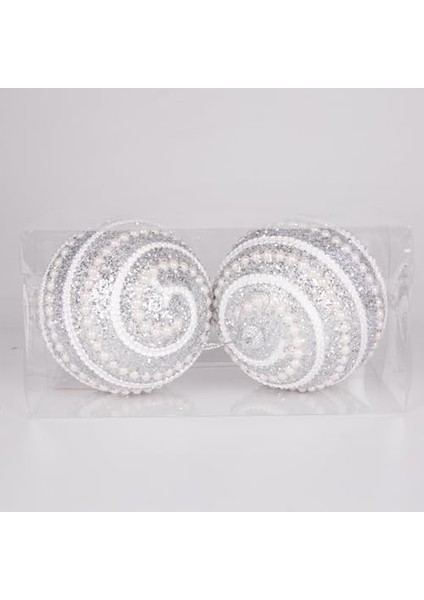 Yılbaşı Topu 2'li Paket Simli Şerit Inci Boncuk Figürlü Gümüş 9 Cm. fiyatları