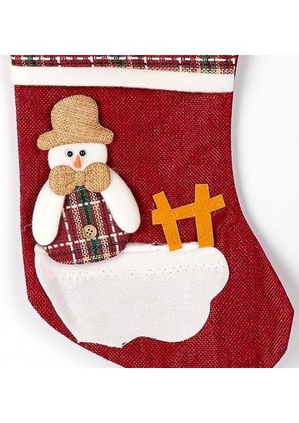 Yılbaşı Süsü Ekose Desenli Çorap Kardan Adam Figürlü Koyu Kırmızı 21X34 Cm. modelleri