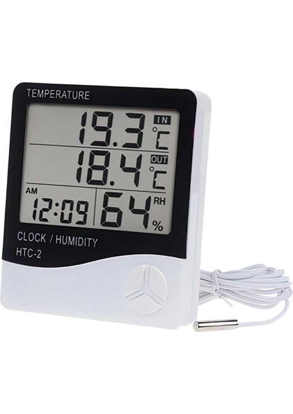 Iç Ortam ve Dış Ortam Sıcaklığını Ölçebilen LCD Ekranlı Saat Göstergeli Alarmlı Nem Ölçer Masa Üstü Termometre