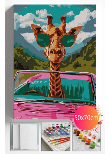 Sayılarla Boyama Seti Numaralı Tuval Fırça Boya Dahil Kasnaklı Set 50X70 cm - Araba Zürafa