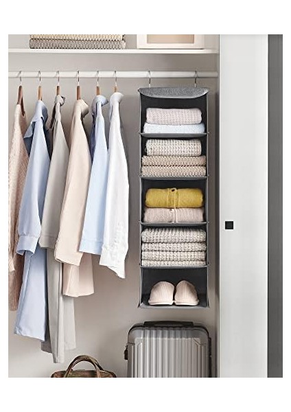 Asma Düzenleyici, Dolap Düzenleyici, Asma Raf, Asma Depolama, Katlanabilir ve Yerden Tasarruf, Metal Kancalar ve Bambu Ekler, Keten Dokusu, Gri RYCH06G modelleri