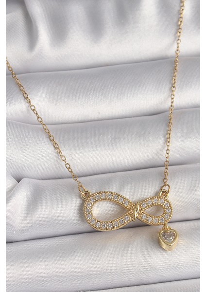 316L Çelik Gold Renk Zincir Zirkon Taşlı Sonsuzluk Model Sallantı Taşlı Kalp Detay Kadın Kolye