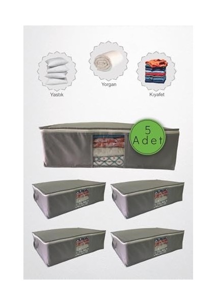 Tekstil 5 Adet Gri Pencereli Kıyafet Saklama Yatak Baza Altı Düzenleyici Çok Amaçlı Hurç 64 x 45 x 22 cm Koyu Gri 44 x 65 fiyatları