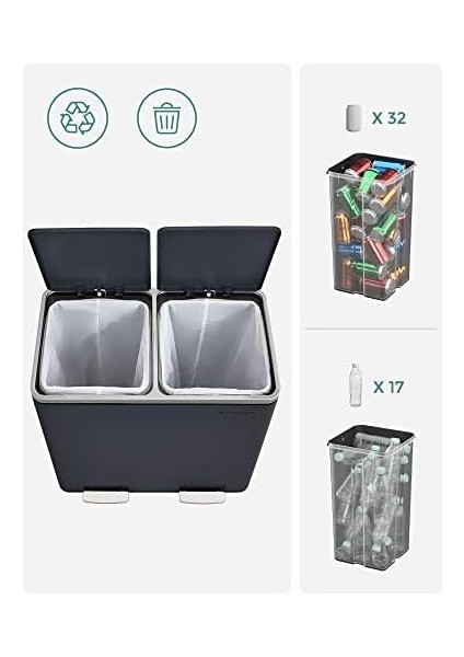 LTB48GS Mutfak Için 2 Bölmeli Pedallı Çöp Kutusu 2 x 24L Yumuşak Kapanış Plastik Iç Kovalı Çöp Kutusu, Ayak Pedallı ve Taşıma Saplı modelleri