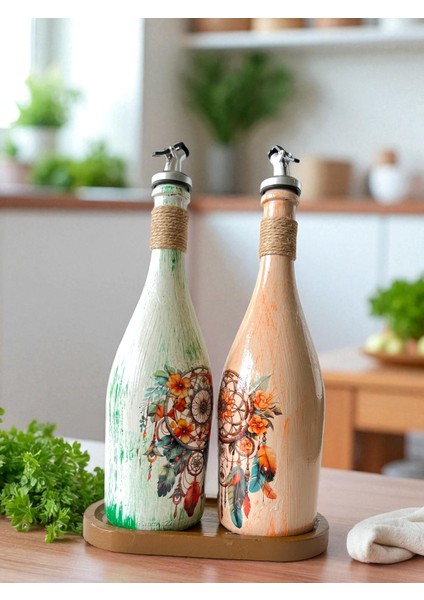 Özel Tasarım Düşkapanı Desenli Sunum Stantlı 2'li 750 ml Zeytinyağı Sıvıyağ Şişesi Yağdanlık Yağlık modelleri