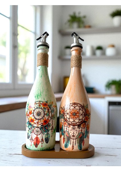 Özel Tasarım Düşkapanı Desenli Sunum Stantlı 2'li 750 ml Zeytinyağı Sıvıyağ Şişesi Yağdanlık Yağlık indirimleri