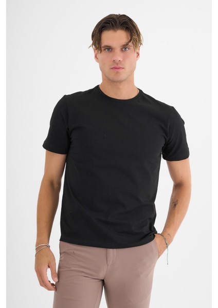 Erkek Siyah %100 Pamuklu Standart Kalıp Likralı Basic T-Shirt