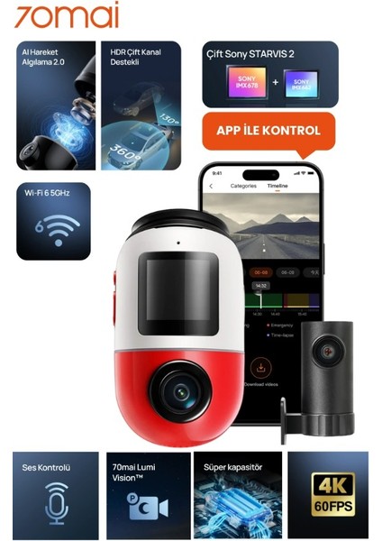 Dash Cam Omni X800-2 Ultra Hd 4K Çözünürlük Araç Kamerası , 360° Dönebilen 4K Araç Kamerası,çift 4K Ön ve Arka Kamera RC14 ve 128 GB Sd Kart,süper Algılama Adas,aı Hareket Algılama 2.0 Kırmızı
