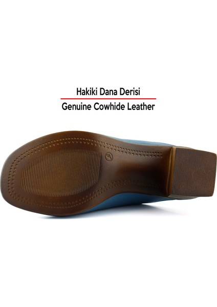 Valery Mavi Hakiki Dana Derisi Önü Açık Kalın Topuklu Terlik