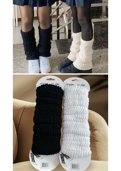 Kadın Ikili Siyah-Beyaz Kalın Triko Örgü Uzun Tozluk Seti