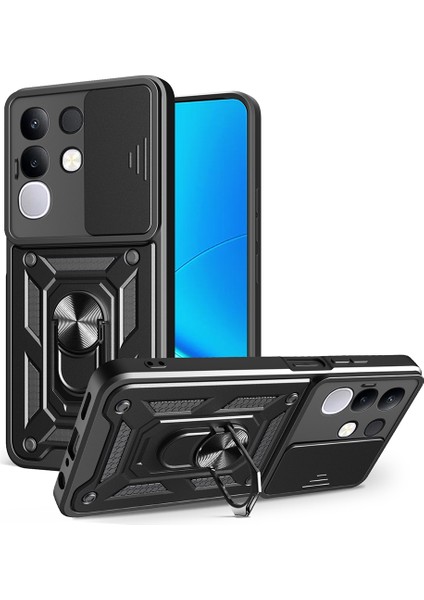 Vivo Y29 4g Kılıf Magnetik Standlı Kamera Korumalı Zore Sürgülü Vega Kapak-Siyah