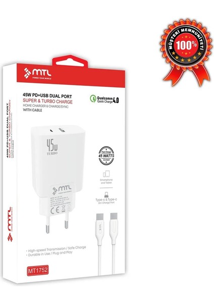 45W Turbo Type-C ve USB Çift Girişli Ev Şarj Cihazı Qc 4.0 MT-A1752