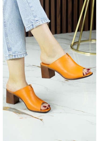 Valery Turuncu Hakiki Dana Derisi Önü Açık Kalın Topuklu Terlik