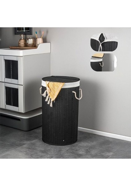 El Yapımı Hasır Katlanır Çamaşır Sepeti Yuvarlak 55 Litre (35CM*35CM*61CM), Doğal Malzemeden Üretilmiş Çamaşırlık (Siyah)