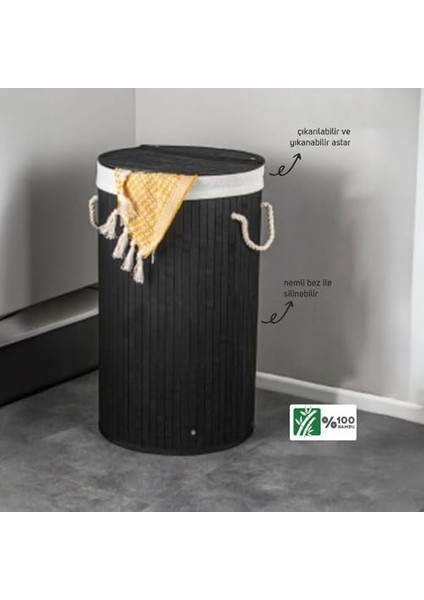 El Yapımı Hasır Katlanır Çamaşır Sepeti Yuvarlak 55 Litre (35CM*35CM*61CM), Doğal Malzemeden Üretilmiş Çamaşırlık (Siyah) fiyatları