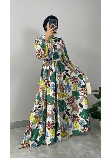 Çiçek Desenli Saten Tesettür Elbise