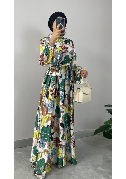 Çiçek Desenli Saten Tesettür Elbise fiyatları