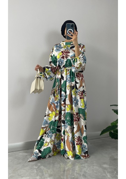 Çiçek Desenli Saten Tesettür Elbise modelleri