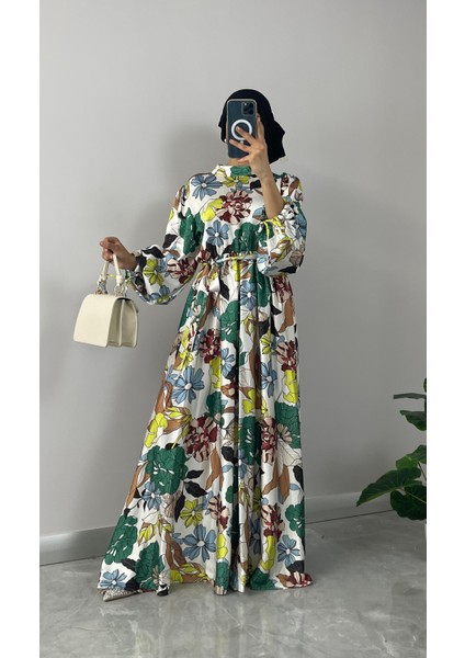 Çiçek Desenli Saten Tesettür Elbise fırsatları