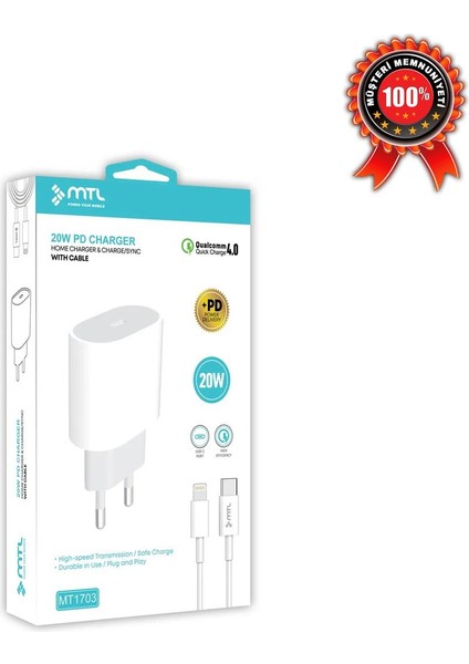 iPhone 12 Pro Uyumlu Lightning Pd Type-C Girişli 20W Şarj Seti MT-A1703