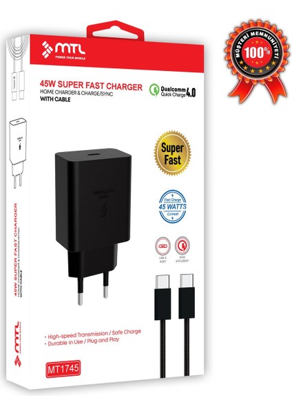 45W Süper Fast Qc 4.0 Pd Type-C To Type-C Ev Şarj Cihazı MT-A1745