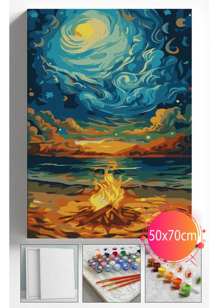 Sayılarla Boyama Seti Numaralı Tuval Fırça Boya Dahil Kasnaklı Set 50X70 cm - Ateş ve Sahil