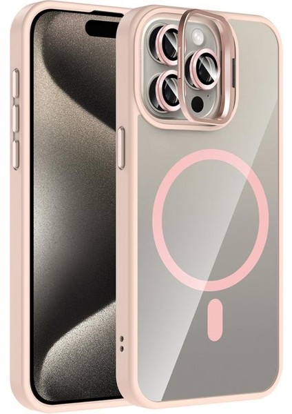 iPhone Uyumlu 15 Pro Max Kılıf Standlı ve Kamera Lens Hediyeli M-Safe Şarj Özellikli Zore Etro Kapak-Pembe