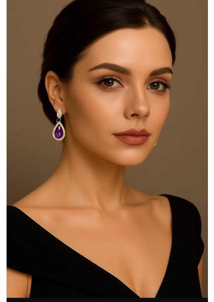 Parlak Zirkon Taşlı Altın Kaplama 316L Çelik Mor Emaye Damla Sallantılı Küpe