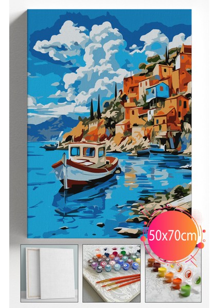Sayılarla Boyama Seti Numaralı Tuval Fırça Boya Dahil Kasnaklı Set 50X70 cm - Balık Teknesi