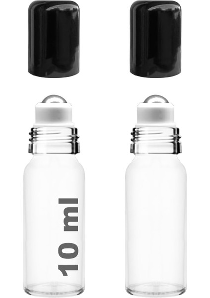 10 ml Çelik Roll On Şişesi 10 cc Sızdırmaz Siyah Kapaklı Cam Şişe 2 Adet (Şeffaf, 10)