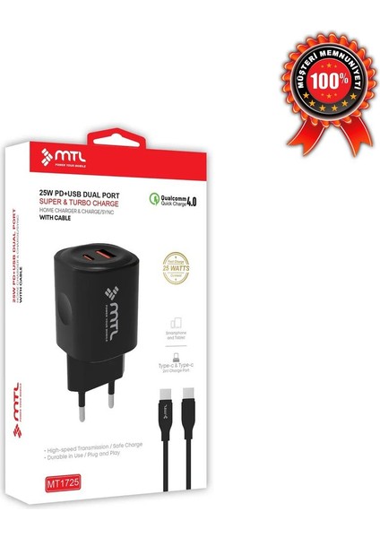 Lg Wing Uyumlu Pd Type-C To Type-C ve USB Çift Giriş 25W Şarj Seti MT-A1725