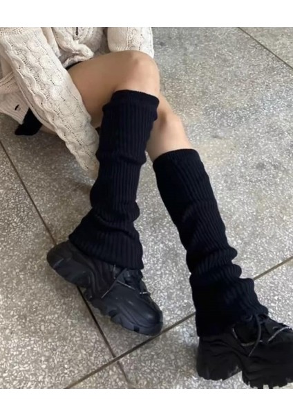 Kadın Kalın Triko Örgü Uzun Siyah Tozluk