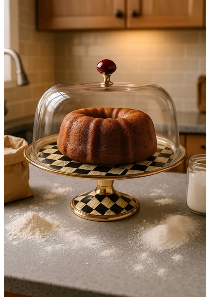 Truva Dama Desenli Ayaklı Kek Fanusu Siyah-Beyaz Kek Fanusu Şık Sunumluk 21X32 cm