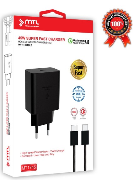 Oppo A3X Uyumlu Süper Hızlı Pd Type-C To Type-C ve 45W Şarj Seti MT-A1745