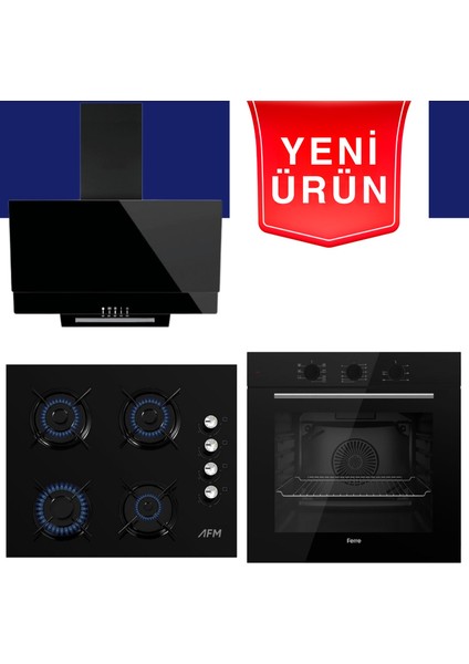& Afm Tech Fethy Series Siyah Cam Ankastre Set ( Ferre QBL62CS + Fm 3300 + Fm 2200 )